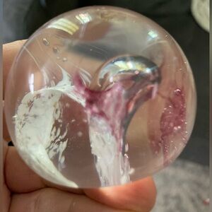Vintage Signed Caithness Moon Crystal Paperweight Scotland Pink & White Swirl